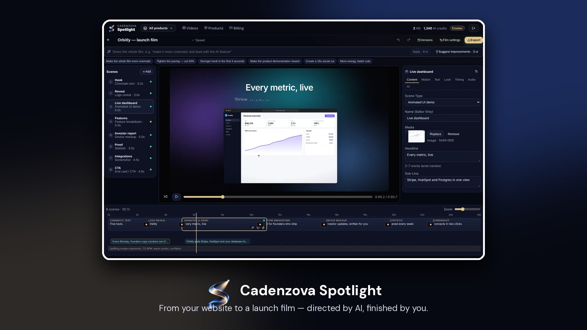 The Cadenzova Spotlight editor cutting a launch film