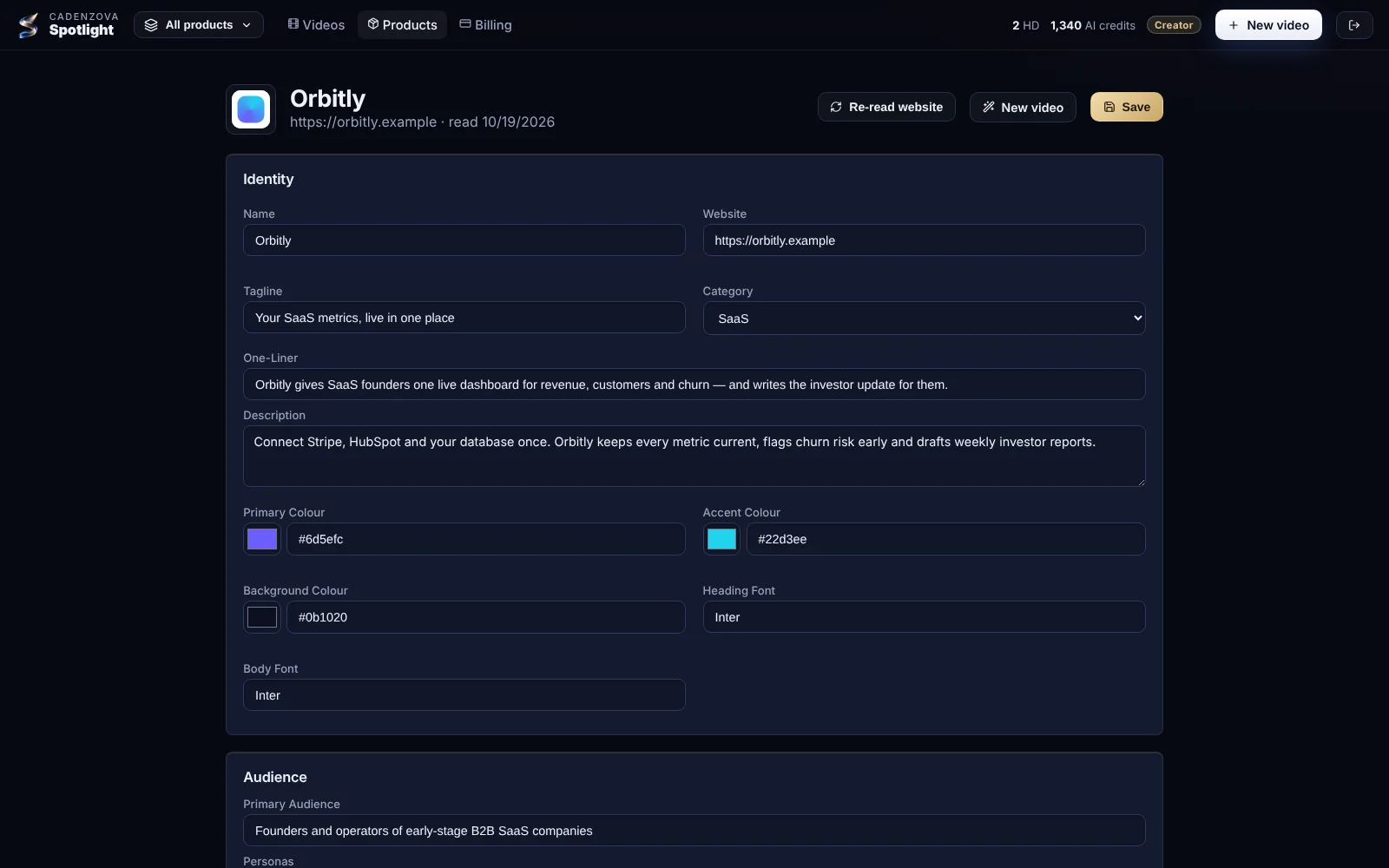 A product profile auto-filled from a website
